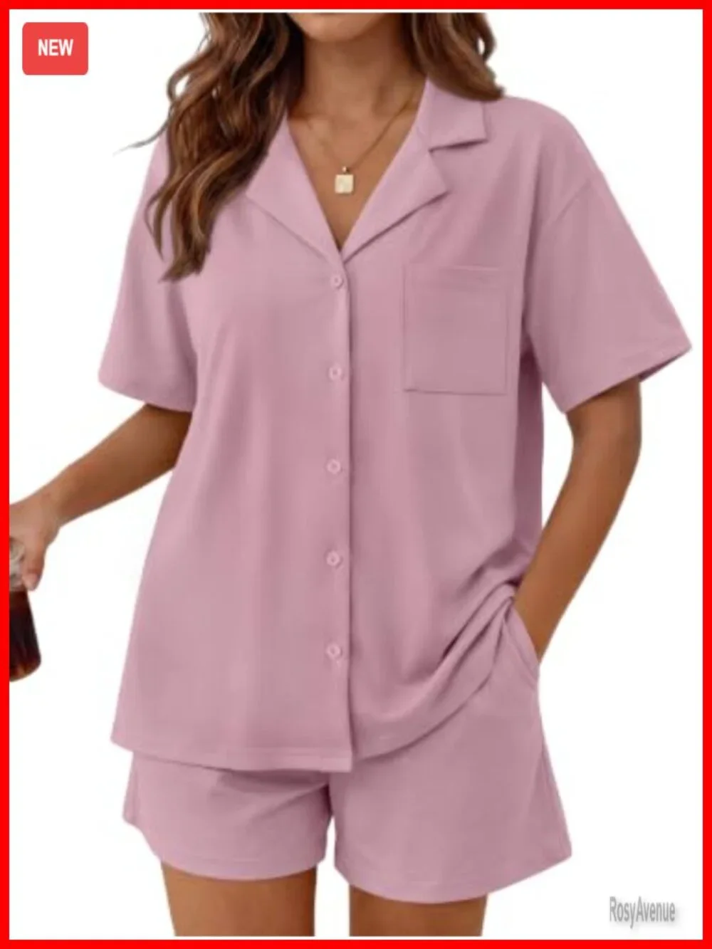 Women's 2-Piece Pajama Set Short Sleeve Button Down Sleepwear with Pockets